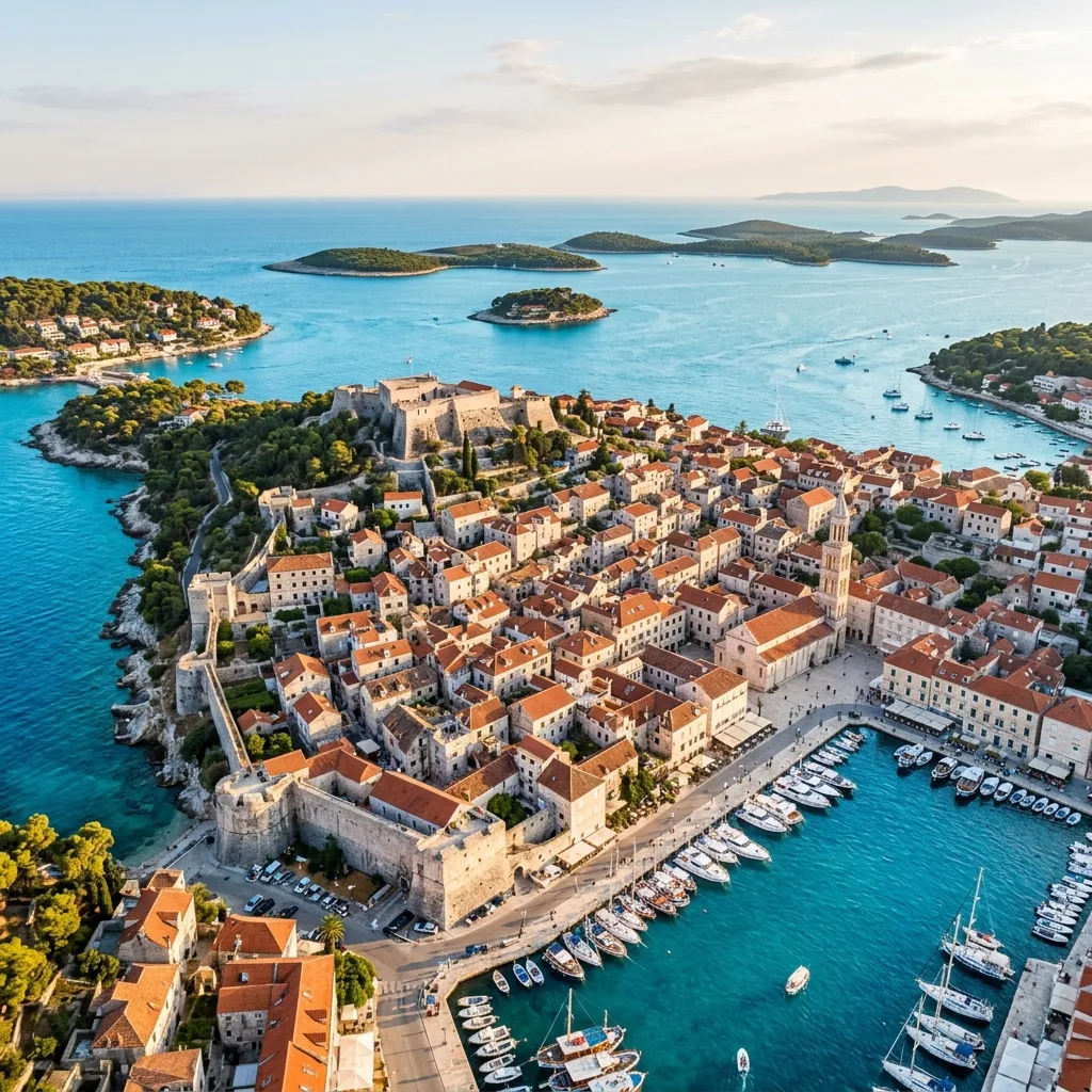 Hvar grad — najsunčanije ostrvo Mediterana sa Trgom Sv. Stjepana i Paklenim otocima u zalivu