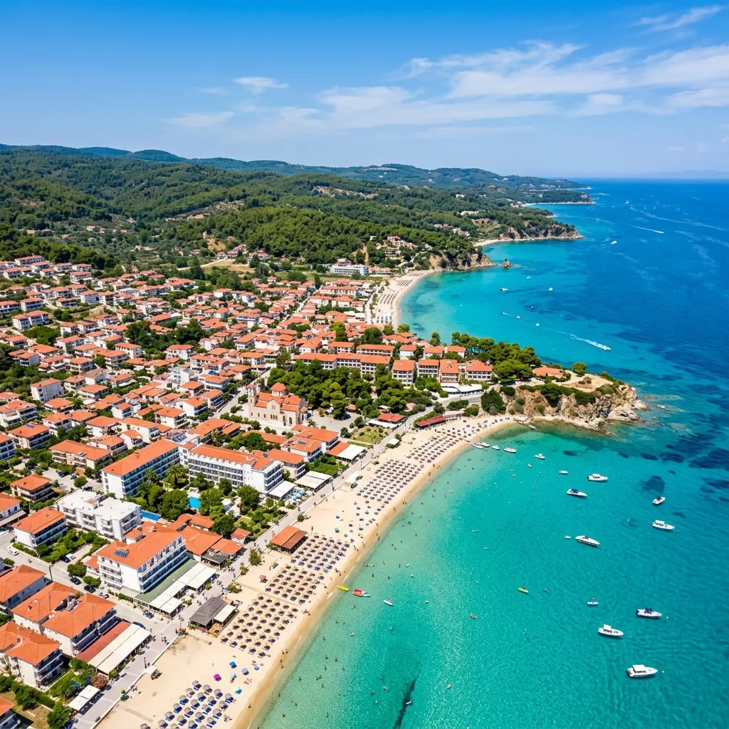 Tirkizno more i peščana plaža Kalithee u Kasandri sa borovom šumom u pozadini