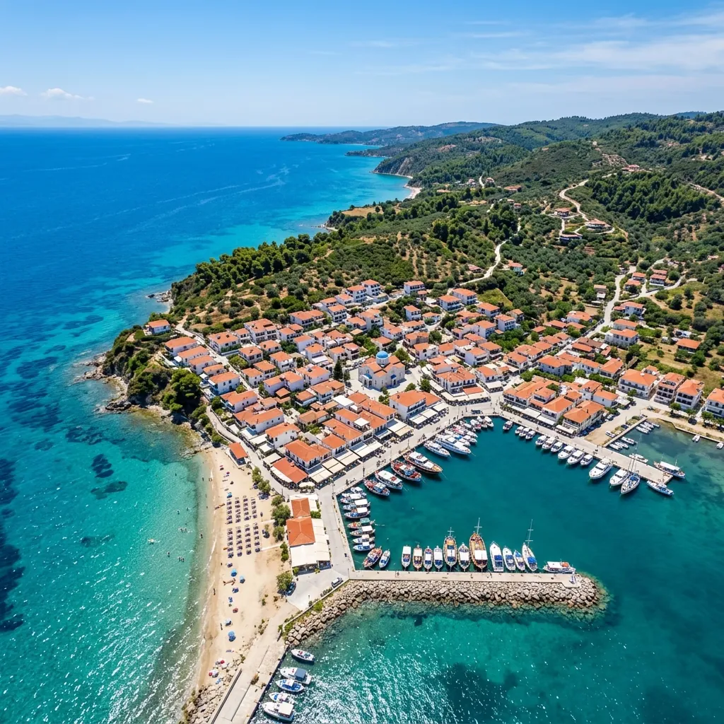 Luka i zalazak sunca u Nea Skioniju na zapadnoj obali Kasandre