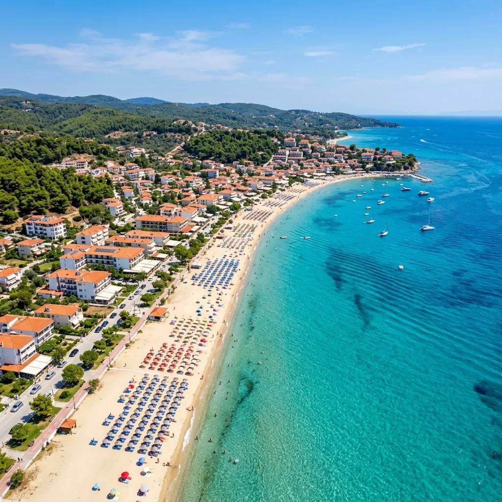 Peščana plaža Polihrona na istočnoj obali Kasandre sa borovom šumom u pozadini