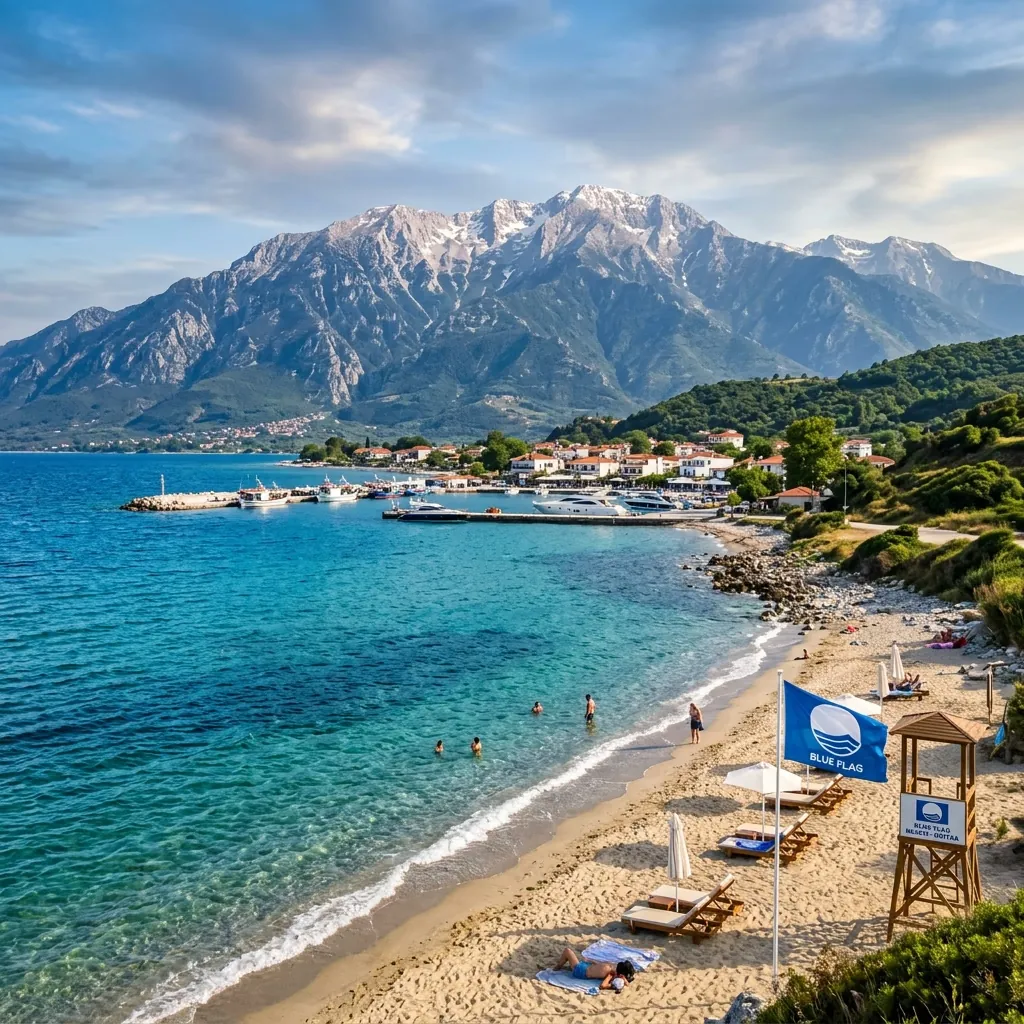 Mirna plaža Gritsa u Pieriji u podnožju Olimpa, sa borovom hladovinom
