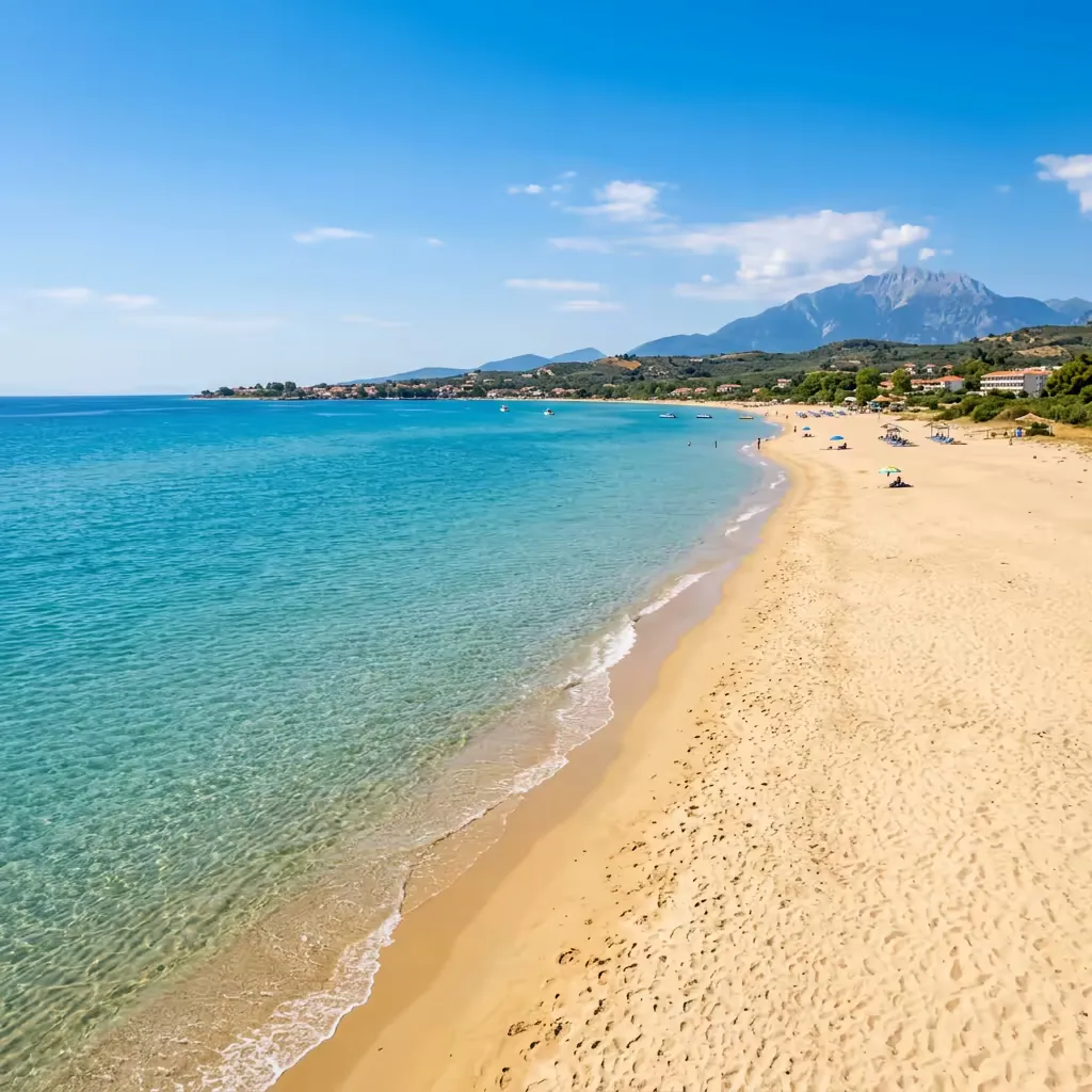 Plaža Korinos u Pieriji sa zlatnim peskom i postepenim ulaskom u Egejsko more