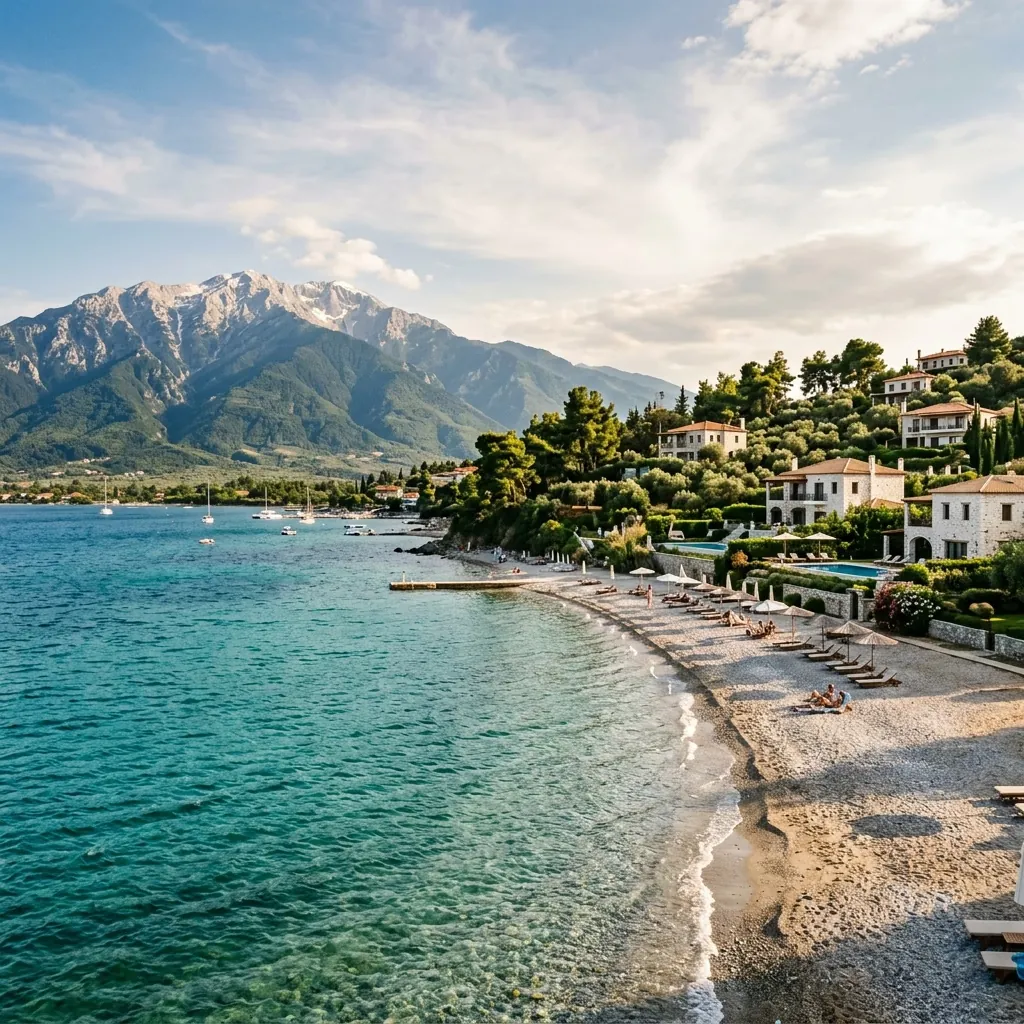 Peščana plaža Plaka Litohoro u Pieriji sa pogledom na planinu Olimp u pozadini