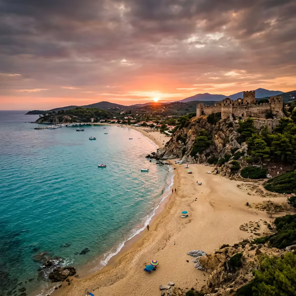 Plaža Toronija sa tvrđavom Likitos na rocky poluostrvu na Sitoniji