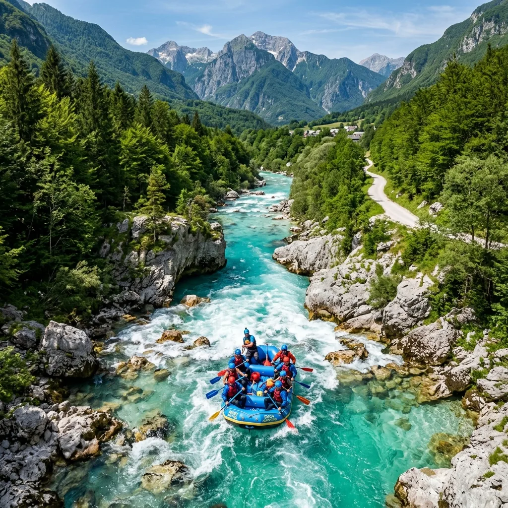Tirkizna reka Soča kod Bovca sa raftingom i panoramom Julijskih Alpa